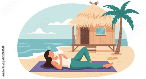 Mindfulness Relaxation on Tropical Beach Near Hut and Palm Trees