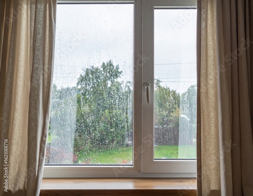 Rainy Day View Through a White Framed Window with Beige Curtains at Home