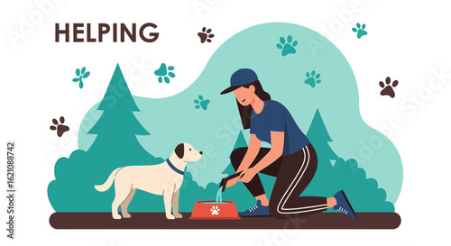 Kindness And Care Illustration Woman Giving Water To Her Dog Outdoors