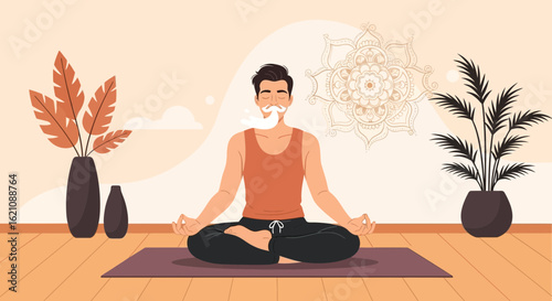 Man Meditating In Lotus Position In Peaceful Room For Harmony And Wellness