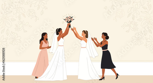 Modern Celebration Two Brides Together Tossing Bouquet During Their Wedding Day
