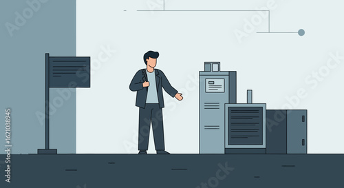 Modern Businessman Presenting Data Server Farm In A Clean Line Art Style