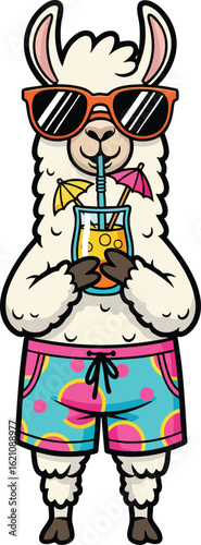Cool Cartoon Llama in Sunglasses and Swim Trunks Drinking Juice – Funny Summer Vacation Animal Illustration
