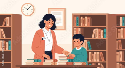 Librarian Assists Student In Library With Book Selection Education