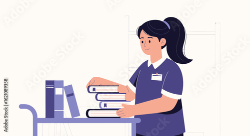 Library Staff Organizing Books With A Cart For Proper Distribution And Arrangement