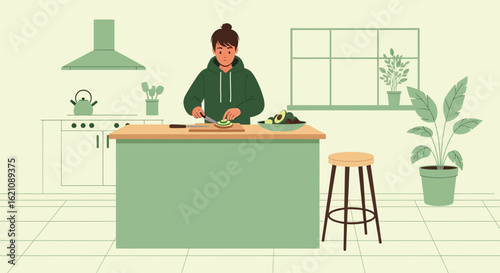Modern Kitchen Scene Featuring Person Slicing Avocado On A Sunny Morning