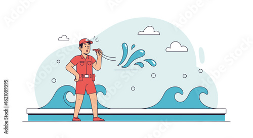 Lifeguard Sounding Whistle Against A Background Of Water And Sky