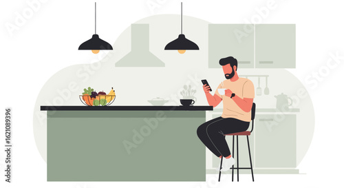 Modern Kitchen Scene With Man Checking Mobile Phone And Drinking Coffee