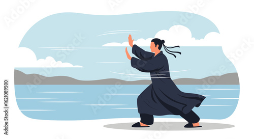 Man Practicing Martial Arts On Tranquil Lake Shore With Serene Backdrop