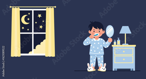 Little Boy Brushing Teeth Before Sleep Near The Window At Night