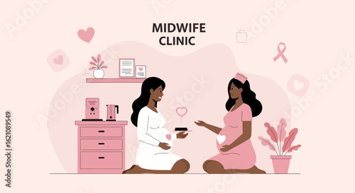Modern Midwife Clinic And Prenatal Care Illustration In Flat Design Style