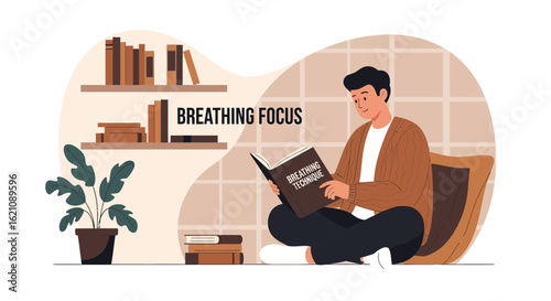 Man Practicing Relaxing Breathing Techniques From Book At Home