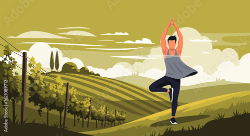 Man Practicing Tree Pose Yoga Outdoors Against a Serene Vineyard Landscape