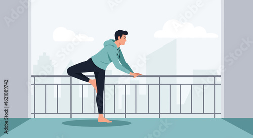 Man Practicing Tree Pose On Balcony In Urban Setting Maintaining Balance And Serenity