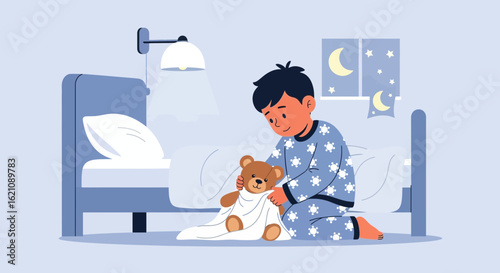 Little boy in pajamas tenderly wraps his teddy bear in a blanket before bedtime