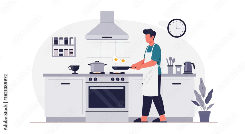 Fototapeta premium Man Preparing Breakfast with Fried Eggs in a Modern Minimalist Kitchen