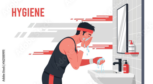 Morning Cleansing Routine A Man Washing His Face in the Bathroom Sink
