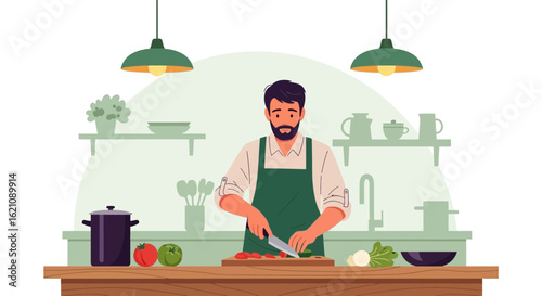 Man Prepares A Healthy Meal With Fresh Vegetables In His Kitchen