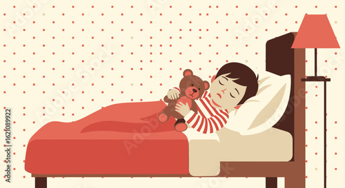 Little Boy Sleeping Peacefully With His Teddy Bear In A Cozy Bedroom