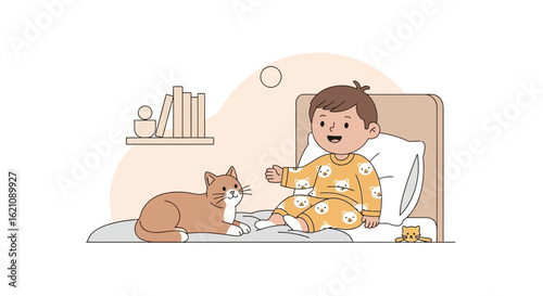 Morning Cuddles Illustration Of Young Boy Enjoying Time With His Pet At Home
