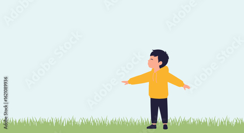 Little Boy Spreading Arms Enjoying Freedom On Grass In Nature Landscape