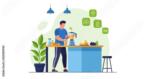 Man Prepares Healthy Smoothie at Home in Minimalist Kitchen Design