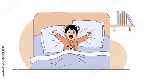 Little Boy Wakes Up Stretching In Bed With Bear Pajamas