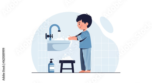 Little Boy Washing Hands with Soap Under Running Water In Bathroom