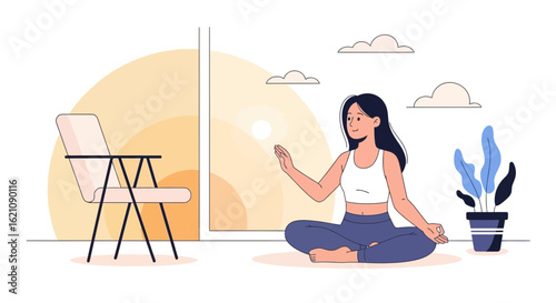 Morning Meditation Woman Sitting Cross Legged In Lotus Position At Home