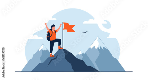 Man Reaching the Peak With a Flag Symbolizing Success Achievement Journey