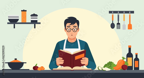 Man reading a cookbook in the kitchen preparing a healthy meal with fresh vegetables and fruits for a delicious dinner