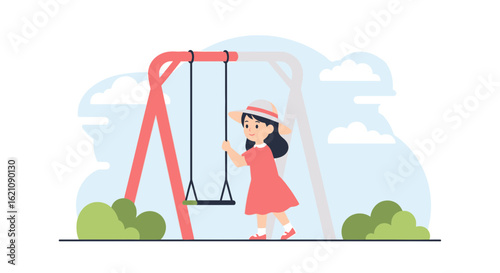 Little Girl Playing At Playground Swing Frame In Public Park Concept