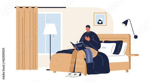 Man Reading A Book In Bed In Cozy Bedroom Environment And Lifestyle