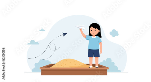 Little Girl Sends a Paper Airplane From a Sandbox on Summer Vacation
