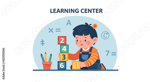 Little Kid Learns Mathematics Playing With Colorful Number Blocks At Center