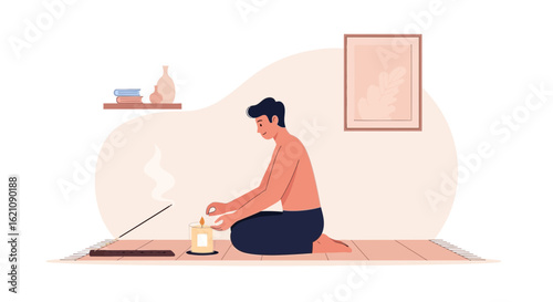 Morning Ritual Man Lighting Candle With Incense For Home Interior Relaxation