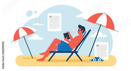 Man reading book on beach chair under umbrella enjoying relaxing summer vacation