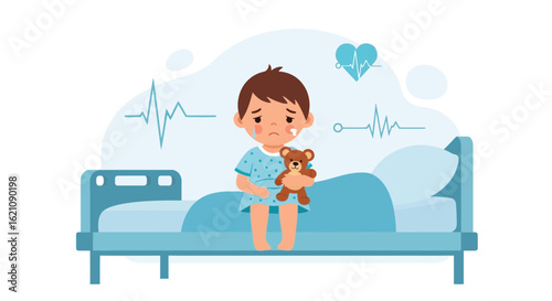 Little Patient Recovering Comforted By His Toy In Hospital Bed With Illness