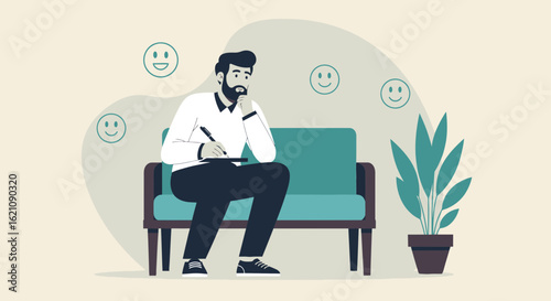 Man Reflecting On Positive Thoughts, Sat On Couch And Writing Ideas