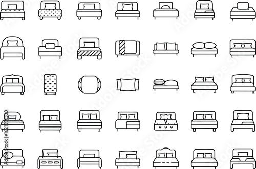 Collection of hand drawn bed icons in various styles and designs