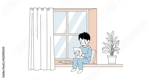 Lonely Child Sitting On Window Sadness Solitude Expressing Emotions Alone