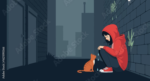 Lonely girl in red hoodie sitting with cat in dark alleyway illustration