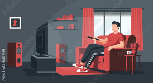 Man Relaxing at Home Watching TV in Living Room with Modern Interior Design