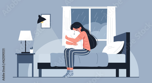 Lonely Woman Crying On Bed In Bedroom With Rainy Outside Weather