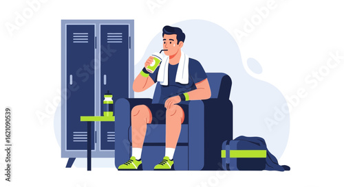 Man Relaxing After Workout With Drink In The Locker Room Flat Vector