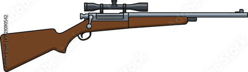 Hunting rifle with wooden stock and mounted scope detailed side view vector illustration