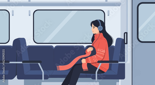 Lonely woman in train listening music wearing headphones during travel mood