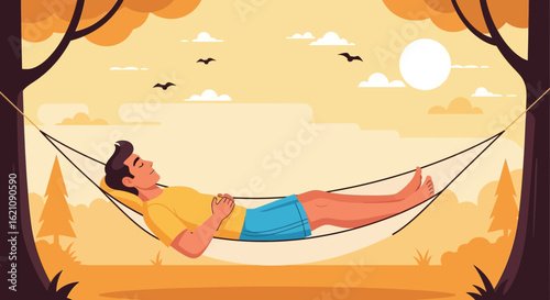 Man Relaxing In Hammock Between Trees On Summer Day, Peaceful Rest
