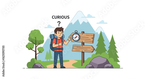 Lost Hiker Looks At Compass On Trail Sign With Mountains In The Background