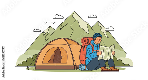 Lost Hiker Trying to Find His Way in the Mountain Using a Route Map